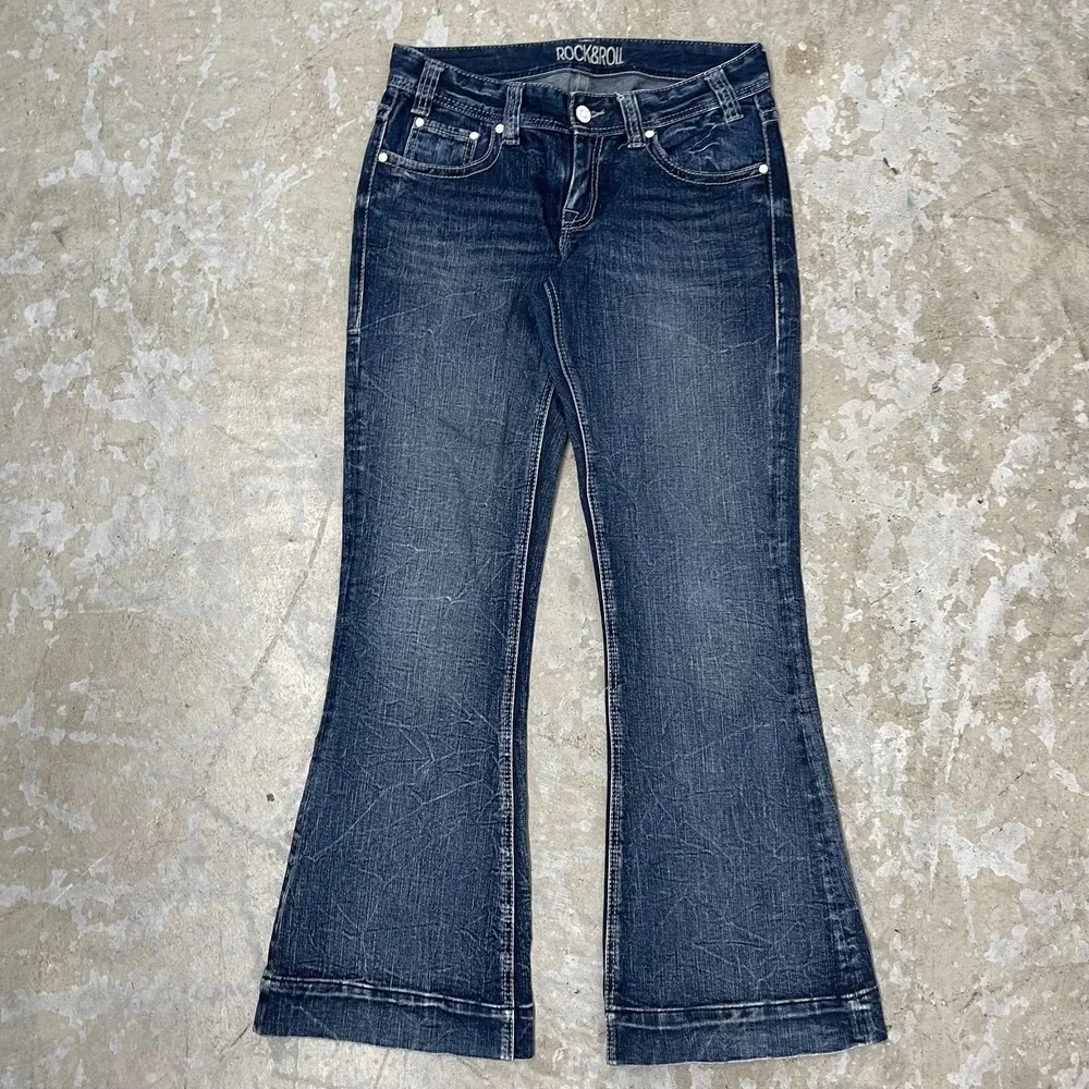 Rock & Roll Cowgirl Jeans Women 29x32 Blue Mid Trouser Flare Boho Mid Rise Denim